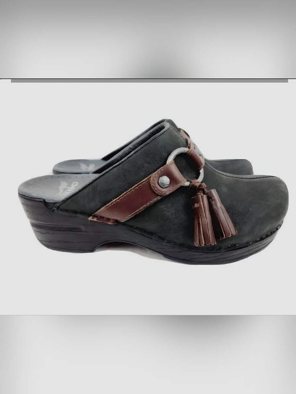 Dansko Shandi Black Clog Mules Leather  Tassel Granola Boho Comfort EU38 US 7.5